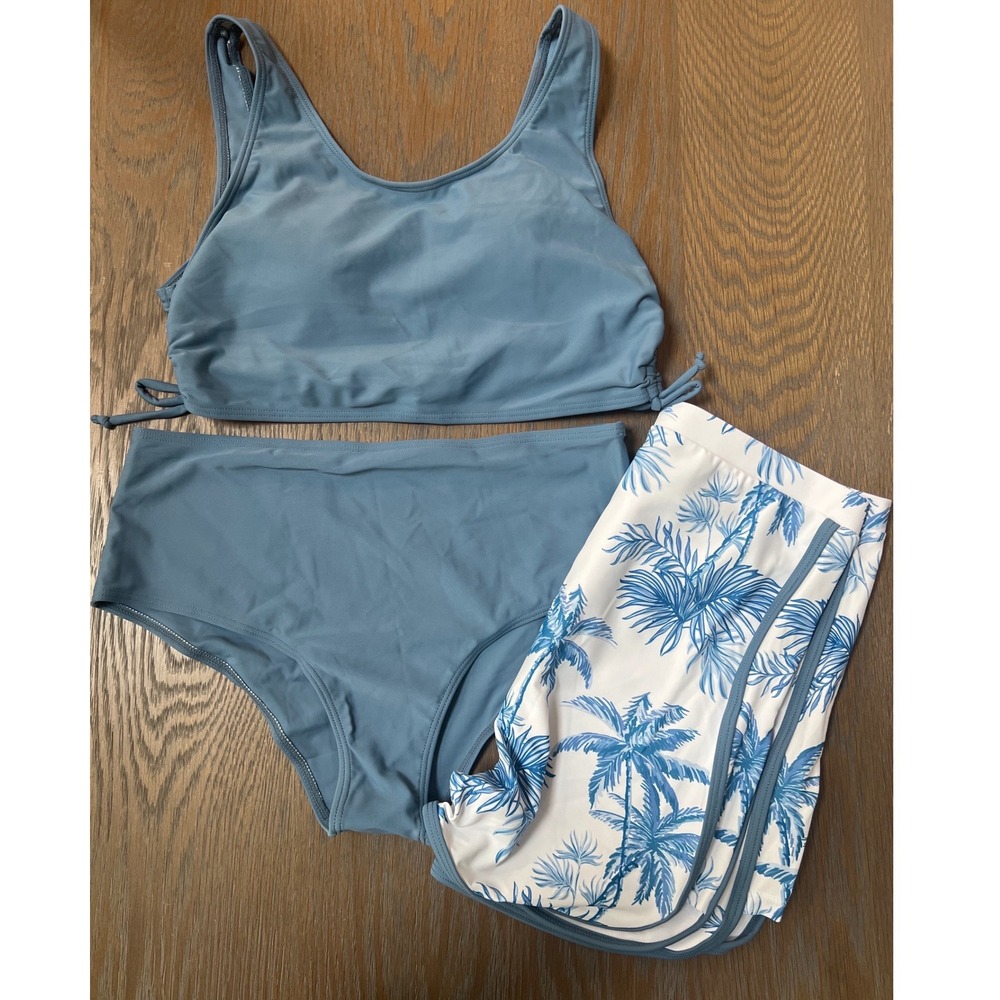 Girls Blue 3 Piece Swimsuit Set High Waist Bikini & Palm Tree Shorts Size 15-16Y